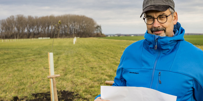 Mann mit Plan auf einem Feld