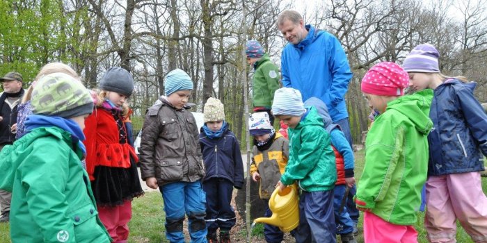 Zahlreiche Kinder stehen um ein kleines Bäumchen, ein Kind gießt dasselbe an.