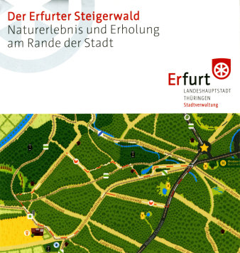 das Deckblatt einer Karte, welche den Erfurter Steigerwald mit Wanderwegen Sehenswürdigkeiten und Verkehrsanbindungen abbildet.
