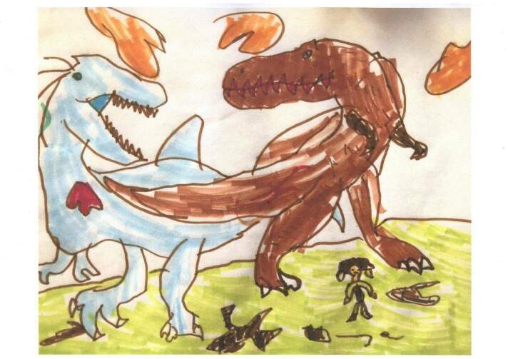 gemaltes Bild zweier Dinos, einer blau, einer braun auf einer grünen Wiese, auf der ein kleiner Mensch steht