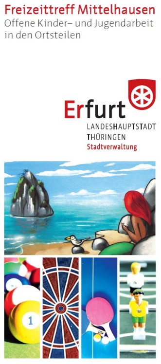 Das Titelbild des Flyers des Freizeittreffs Mittelhausen zeigt verschiedene Symbolbilder wie eine Dartscheibe und Tischtennisschläger, der die verschiedenen Aktivitäten darstellen sollen.