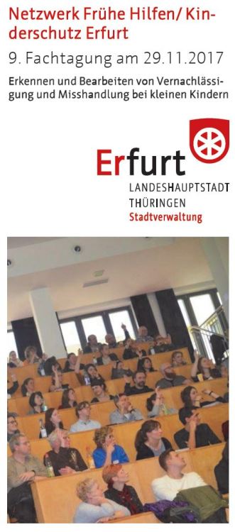 Titelbild 9. Fachtag Frühe Hilfen Das Titelbild des Flyers zum 9. Fachtag des Netzwerks Frühe Hilfen und Kinderschutz zeigt Teilnehmer sitzend im Auditorium des Helios Klinikums Erfurt.