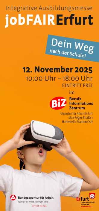 Deckblatt des Flyers zur integrativen Ausbildungsmesse jobFair in Erfurt am 12. November 2025 im BIZ.