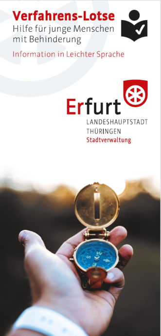 Deckblatt Flyer Verfahrenslotse Leichte Sprache 2025 Deckblatt Flyer der Verfahrenslotsen mit Hinweisen zu Hilfen und Leistungen für junge Behinderte.