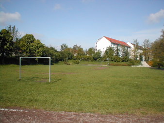 grüne Wiese mit Fußballtoren