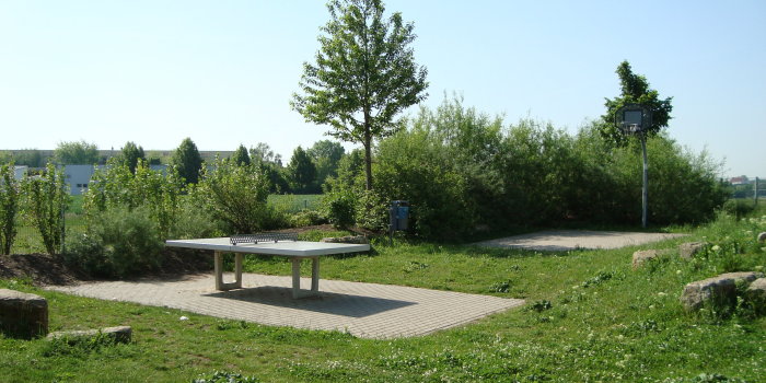 Foto: Spielplatz August-Schleicher-Straße: Tischtennisplatte und Basketballfläche © Stadtverwaltung Erfurt Tischtennisplatte aus Beton und Basketballplatz mit Korb