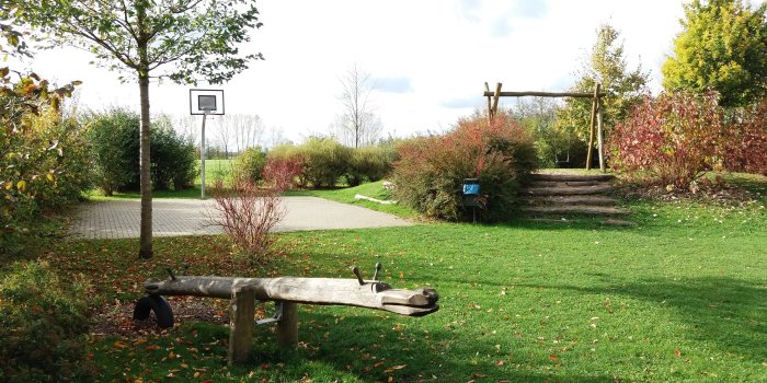 Schaukel mit zwei Sitzen, Wippe aus Holz in Form eines Drachens und Basketballfläche mit Ständer und Korb