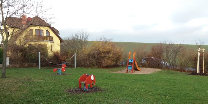 Federtiere, Hängematte, Rutsche, Sandkästen, Schaukel auf einer Wiese