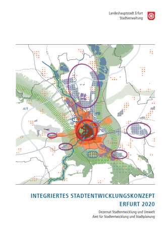Integriertes Stadtentwicklungskonzept Erfurt für 2020 Die Titelseite besteht aus einem Stadtplan von Erfurt, auf dem verschiedene Bereiche gekennzeichnet sind.