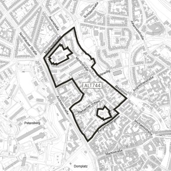 Dargestellt ist der Geltungsbereich des Bebauungsplanes ALT744 "Andreasviertel"