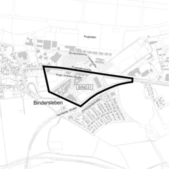 Dargestellt ist der Geltungsbereich der 1. Änderung des Bebauungsplanes BIN031 "Büro- und Gewerbepark"