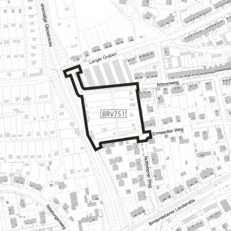 Dargestellt ist der Geltungsbereich des vorhabenbezogenen Bebauungsplanes BRV751 "Wohnen an Röhrenweg"