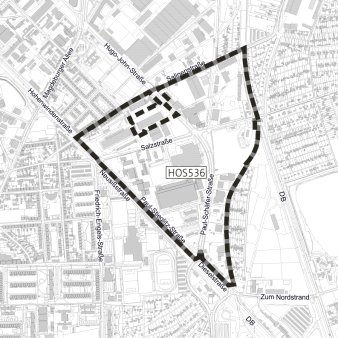 Dargestellt ist der Geltungsbereich der 1. Änderung des Bebauungsplanes HOS536 