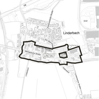 Dargestellt ist der Geltungsbereich der 1. Änderung des Bebauungsplanes LIN736 "Am Weiherweg"