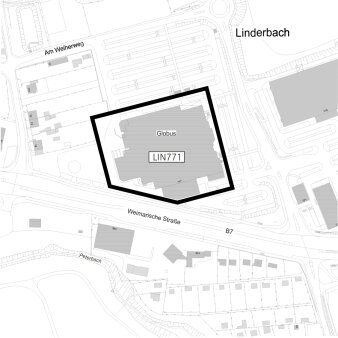 Dargestellt ist der Geltungsbereich des Bebaungsplanes LIN771 "SB Warenhaus Weimarische Straße"