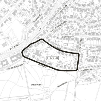 Dargestellt ist der Geltungsbereich des einfachen Bebauungsplanes LOV758 "Wohnquartier Kantstraße - Parkstraße"