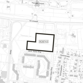 Dargestellt ist der Geltungsbereich des vorhabenbezogenen Bebauungsplanes ROB743 "ZooWohnen"