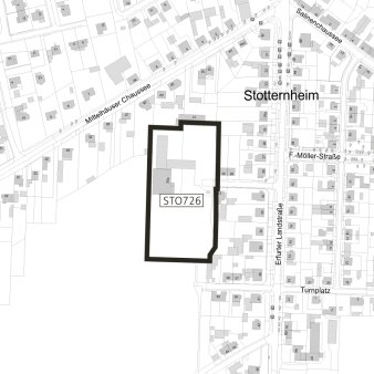 Dargestellt ist der Geltungsbereich des vorhabenbezgenen Bebauungsplanes STO726 "Erfurter Straße 30a"