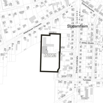 Dargestellt ist der Geltungsbereich des vorhabenbezgenen Bebauungsplanes STO726 "Erfurter Straße 30a"