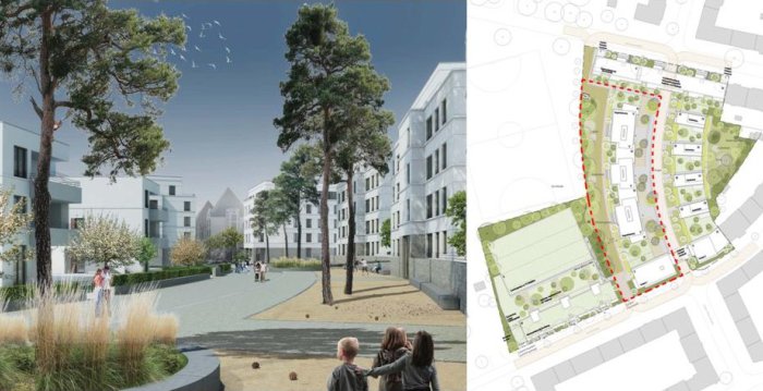 Dargestellt ist die zukünftige Ansicht des sogenannten Angers im Quartier Borntalbogen sowie der Vorhaben und Erschließungsplan