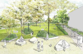 Äußere Oststadt - Projekt: Stadtteilpark Ost - Animierter Blick vom Vorplatz in Richtung Osten