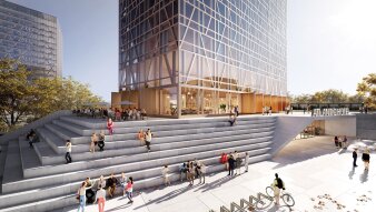 Ein Hochhaus mit Terrasse und Stufen