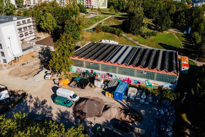 Das Foto zeigt die Baustelle an der Sporthalle der Grundschule 34