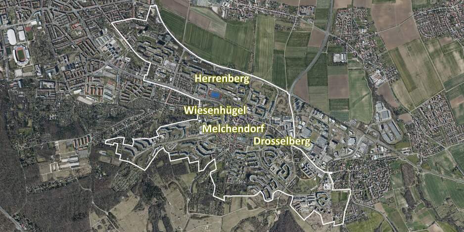 Eine Karte mit Umrissen der Ortsteile Herrenberg, Wiesenhügel, Melchendorf und Drosselberg