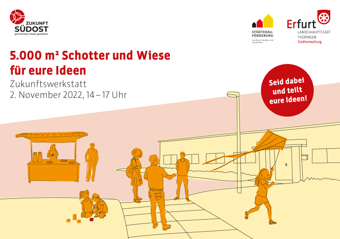 Plakat zur Zukunftswerkstatt an der Judohalle Grafische Darstellung verschiedener Menschen vor einem Gebäude, dazu Daten der Veranstaltung