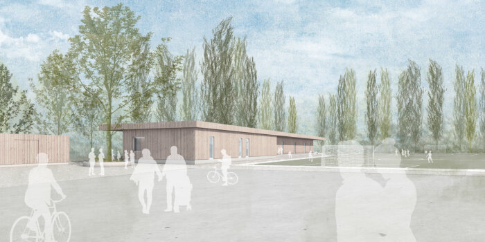 Die Visualisierung aus der Vorentwurfsplanung zeigt die Nordseite des geplanten Sport- und Bürgerzentrums.