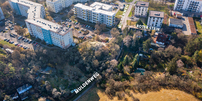 Foto: Ein Blick aus der Vogelperspektive - der Muldenweg verbindet Wiesenhügel und Kranichfelder Straße im Norden © Stadtverwaltung Erfurt Ein Blick aus der Vogelperspektive: der Muldenweg verbindet Wiesenhügel und Kranichfelder Straße im Norden