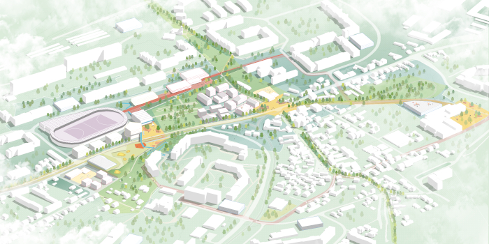 Grafik: Axonometrie Siegerentwurf Neue Mitte Südost © Octagon Leipzig, impuls Jena und team read Berlin Perspektivische Planungsansicht des Siegerentwurfs aus dem Planungswettbewerb "Neue Mitte Südost".