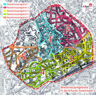 Darstellung der Erfurter Innenstadt mit den fünf Bewohnerparkgebieten