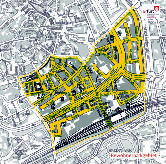 Bewohnerparkgebiet 3 mit Neuerbe, Trommsdorffstraße, Bahnhofsviertel, Reglermauer, Thomasstraße, Hirschlachufer und Barfüßerstraße