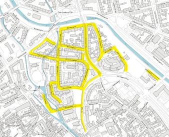 Es ist das Bewohnerparkgebiet K – Huttenplatz mit den einbezogenen Straßen als Karte dargestellt.