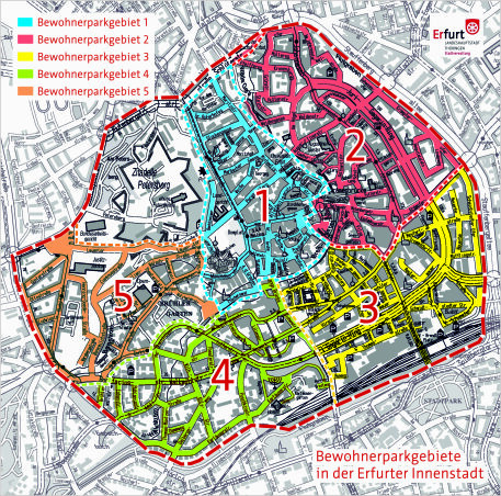 Darstellung der Erfurter Innenstadt mit den fünf Bewohnerparkgebieten