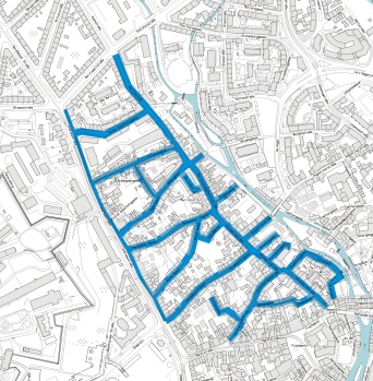 Es ist das Bewohnerparkgebiet E – Andreasviertel mit den einbezogenen Straßen als Karte dargestellt.