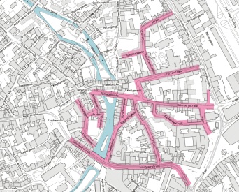 Es ist das Bewohnerparkgebiet D – Wenigemarkt mit den einbezogenen Straßen als Karte dargestellt.