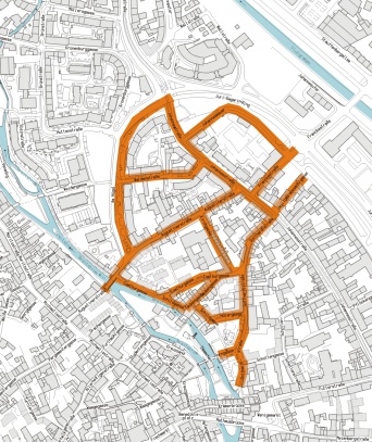 Es ist das Bewohnerparkgebiet G – Waldenstraße mit den einbezogenen Straßen als Karte dargestellt.