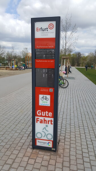 Säule mit Rot-weißen Flächen, Text und Zahlen