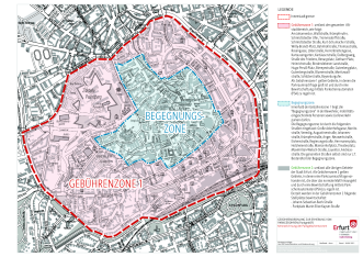 Lageplan zu den Parkgebührenzonen in Erfurt Auf dem Lageplan sind die Parkgebührenzonen von Erfurt einschließlich der Begegnungszone dargestellt.