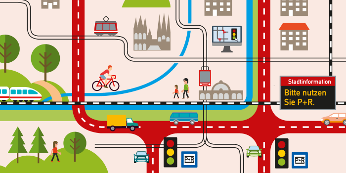 Foto: Key-Visual: Umweltorientiertes Verkehrsmanagement Erfurt (UVE) © Stadtverwaltung Erfurt stilisierte Grafik mit Häusern, Straßen, Ampeln, Autos, Fahrrädern, Menschen
