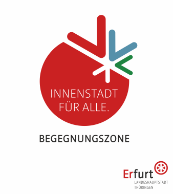Grafik: Marke Erfurter Begegnungszone © Stadtverwaltung Erfurt Text "Innenstadt für alle. Begegnungszone", ein geschnittener roter Kreis mit verschiedengroßen, farbigen angelegten Winkeln und Stadtlogo