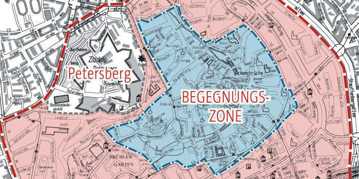 Stadtplanausschnitt mit farblich markierten Gebieten