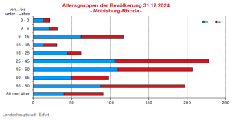 Alterspyramide: Darstellung der Altersstruktur pro Altersjahrgang in Form eines Lebensbaumes, links männlich, rechts weiblich