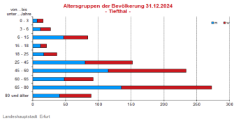 Alterspyramide: Darstellung der Altersstruktur pro Altersjahrgang in Form eines Lebensbaumes, rechts männlich, links weiblich