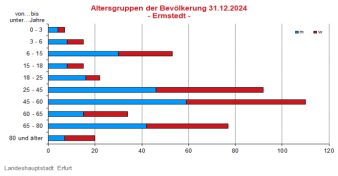 Alterspyramide: Darstellung der Altersstruktur pro Altersjahrgang in Form eines Lebensbaumes, links männlich, rechts weiblich