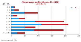 Altersstruktur pro Altersjahrgang; Lebensbaum, links männlich, rechts weiblich