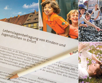 Grafik: Themenbild der Kinder- und Jugendbefragung 2017 © Stadtverwaltung Erfurt Dreiteiliges Bild, Kinder Jugendliche Fragebogen