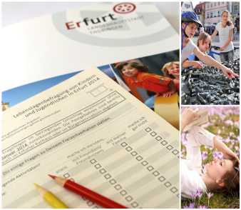 Grafik: Kinder- und Jugendbefragung in Erfurt © Landeshauptstadt Erfurt, Stadtverwaltung Dreiteiliges Bild mit Fragebogen, Kindern und einer Jugendlichen die ein Buch liest